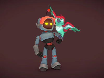 Blue Gray Robot With Yellow Eyes And Colorful Parrot Standing On Hand 3d model