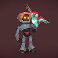 Blue Gray Robot With Yellow Eyes And Colorful Parrot Standing On Hand