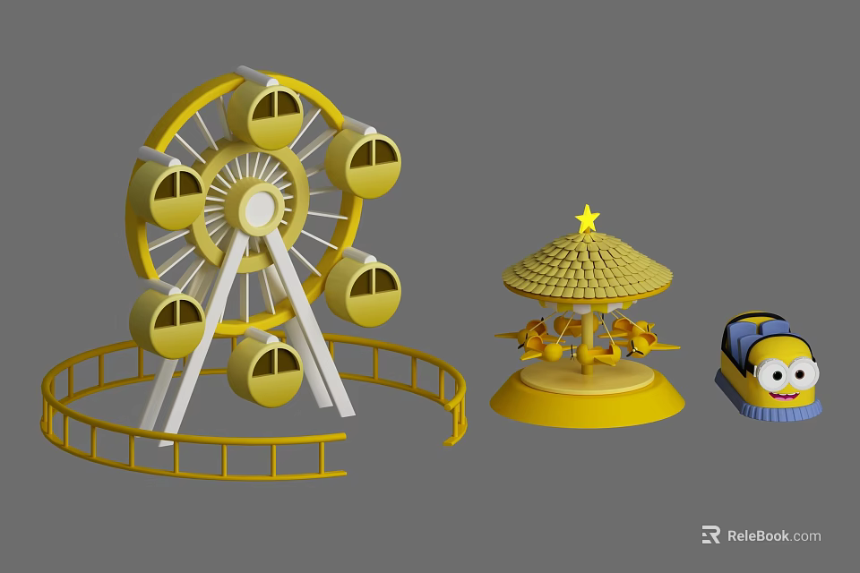 Yellow Children's Amusement Rides With Ferris Wheel Carousel And Small Train 3d model 