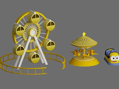 Yellow Children's Amusement Rides With Ferris Wheel Carousel And Small Train 3d model