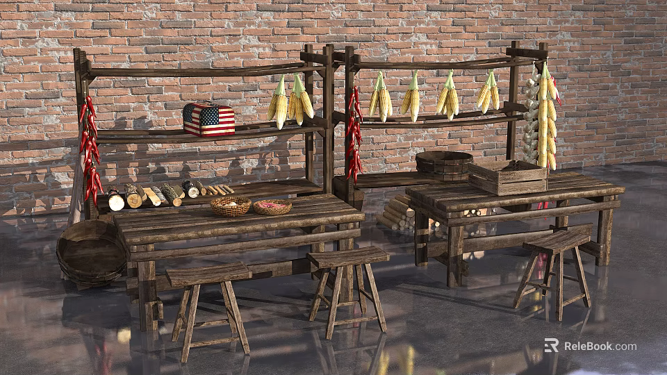 Rustic Wooden Table Stool Set With Brick Wall Backdrop And Hanging Corn Chilies 3d model