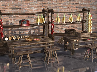 Rustic Wooden Table Stool Set With Brick Wall Backdrop And Hanging Corn Chilies 3d model