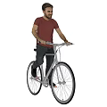 Man Riding Bicycle in Red T shirt and Dark Pants Against Gradient Blue to Orange Sky