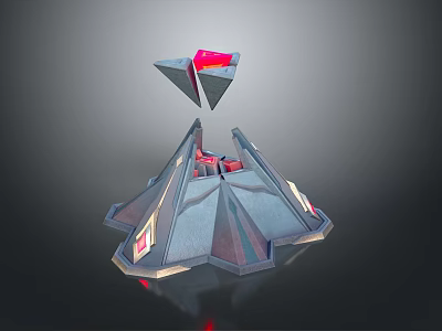 Futuristic 3D Geometric Structure Featuring Suspended Triangular Top Red Inner Details And Polygonal Base 3d model