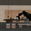 Traditional Chinese Teahouse Interior With Wooden Shelves Stone Tea Table Ink Painting And Comfortable Seats