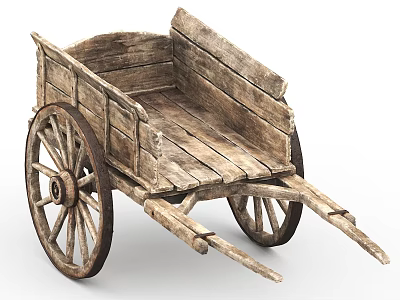 Vintage Wooden Cart With Rustic Design And Two Large Wooden Wheels 3d model