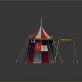 Red and white striped tent featuring decorative spire golden patterns and adjacent canopy on grass
