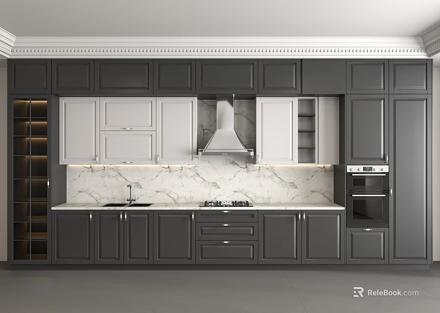 Modern Kitchen Interior With Gray White Cabinets Marble Countertop Range Hood And Built in Oven 3d model 