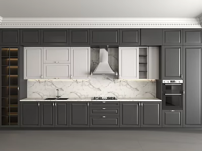 Modern Kitchen Interior With Gray White Cabinets Marble Countertop Range Hood And Built in Oven 3d model
