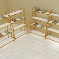Golden Display Shelves With White Layers And Shoes In Retail Store
