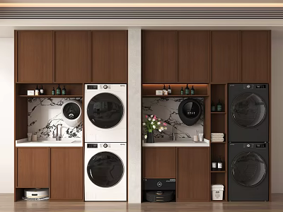 Built in White and Black Washing Machines in Wooden Cabinet Laundry Room with Storage Shelves 3d model