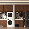 Built in White and Black Washing Machines in Wooden Cabinet Laundry Room with Storage Shelves