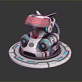 Futuristic Mechanical Robot Game and Movie Character with Glowing Red Blue Accents and Circular Base