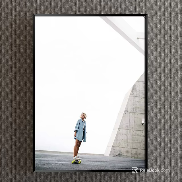 Portrait of a Woman in Light Blue Coat by Modern Gray Wall and White Architecture 3d model 