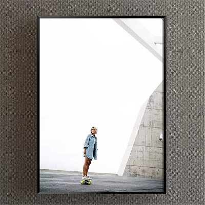 Portrait of a Woman in Light Blue Coat by Modern Gray Wall and White Architecture 3d model
