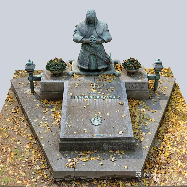 Historical Military Statue Memorial With Pedestal Flower Pots Lanterns And Fallen Leaves 3d model 
