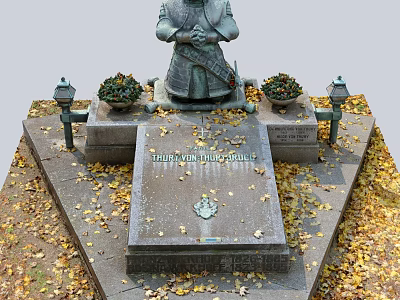 Historical Military Statue Memorial With Pedestal Flower Pots Lanterns And Fallen Leaves 3d model