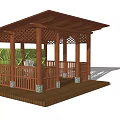 Wooden Pavilion With Latticed Structure Wooden Roof Railings Deck And Green Backdrop Sculpture