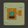 Scenic Waterfront View With Red Cottage Green Roof Wooden Platform And Blue Floating Elements