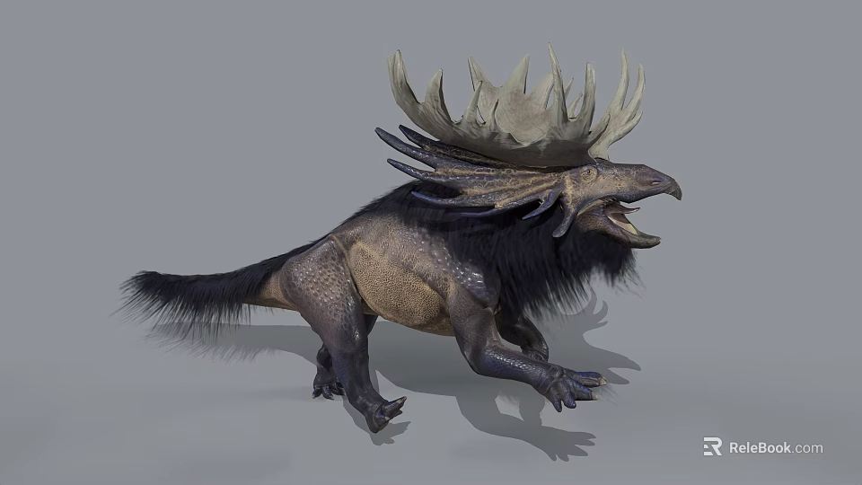 Mythical Creature With Large Antler Like Crown Open Mouth And Furry Body Running 3d model 