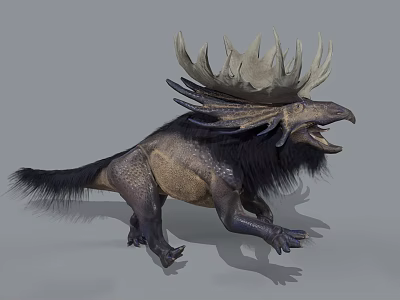 Mythical Creature With Large Antler Like Crown Open Mouth And Furry Body Running 3d model