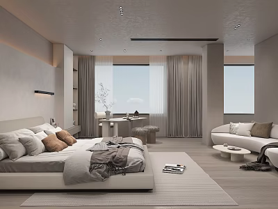 Modern Minimalist Bedroom Interior With Large Bed Sofa Light Furniture And Floor To Ceiling Windows 3d model