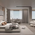 Modern Minimalist Bedroom Interior With Large Bed Sofa Light Furniture And Floor To Ceiling Windows