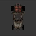 Modified Military Vehicle With Spiked Front Large Tires Rustic Metal Frame And Red Accents