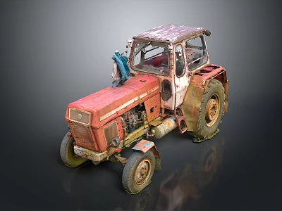 Old Red Rusty Vintage Tractor With Muddy Tires And Worn Exterior 3d model