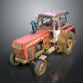 Old Red Rusty Vintage Tractor With Muddy Tires And Worn Exterior