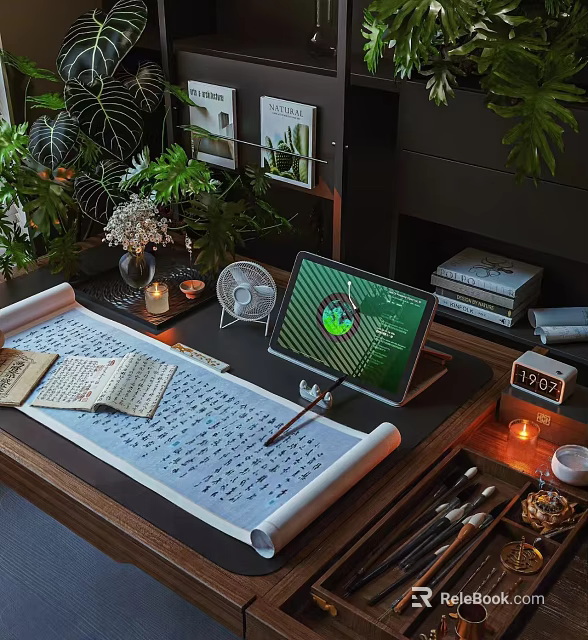 Vintage Modern Decorative Ornament Set With Scrolls Calligraphy Brushes Tablet Green Plants On Wooden Desk 3d model 