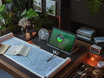 Vintage Modern Decorative Ornament Set With Scrolls Calligraphy Brushes Tablet Green Plants On Wooden Desk 3d model