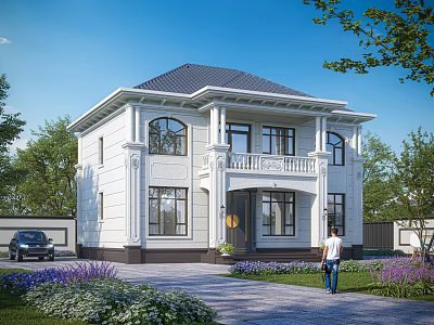 Two Story White Detached Villa With Classic Design Balcony Front Yard Greenery And Driveway 3d model
