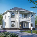 Two Story White Detached Villa With Classic Design Balcony Front Yard Greenery And Driveway