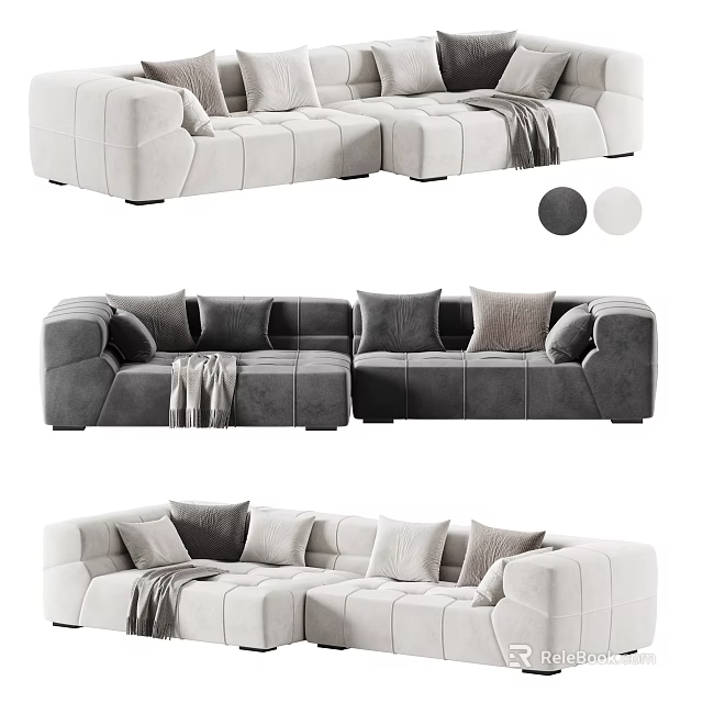 Modern Sectional Sofa With Plush Pillows Throw Blanket And Gray Beige Color Options 3d model 