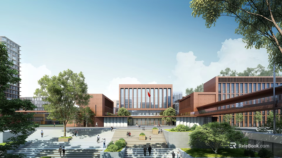 Modern School Building Exterior With Red Flag Steps Green Trees And Blue Sky 3d model 