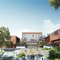 Modern School Building Exterior With Red Flag Steps Green Trees And Blue Sky