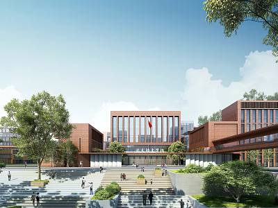 Modern School Building Exterior With Red Flag Steps Green Trees And Blue Sky 3d model