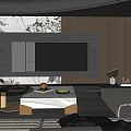 Modern TV Background Wall With Wooden Panels And Marble Accent In Living Room