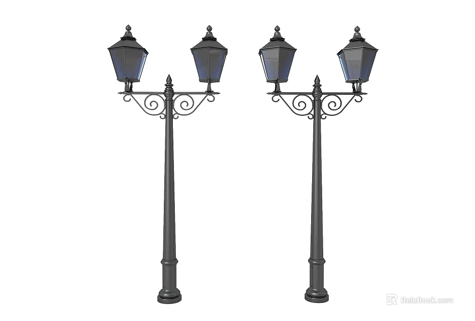 Classical Outdoor Street Lights With Decorative Metal Poles And Glass Shades 3d model 