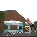 Vibrant Commercial Street With Food Trucks Colorful Balloons Brick Buildings And Outdoor Seating Areas