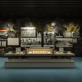 Cultural Center Exhibition Hall Featuring Stone Wall Background And Historical Artifacts In Display Cases