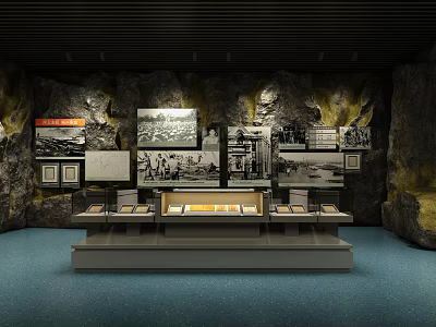 Cultural Center Exhibition Hall Featuring Stone Wall Background And Historical Artifacts In Display Cases 3d model