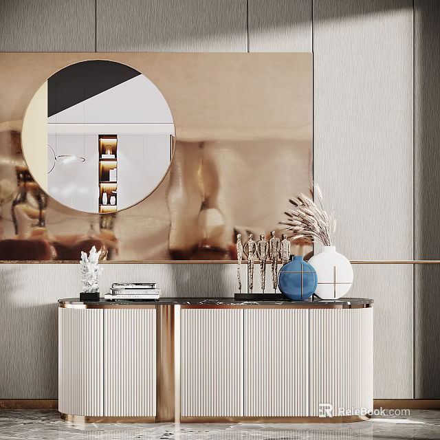 Modern Entryway Side Cabinet With Round Mirror And Decorative Vases On Top 3d model 