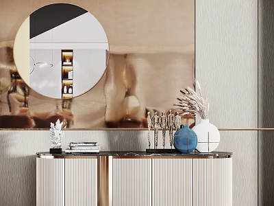Modern Entryway Side Cabinet With Round Mirror And Decorative Vases On Top 3d model