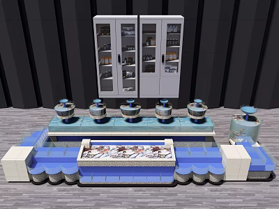 Aquarium Display Setup With Multiple Fish Tanks Blue Base And White Glass Cabinets 3d model