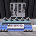 Aquarium Display Setup With Multiple Fish Tanks Blue Base And White Glass Cabinets