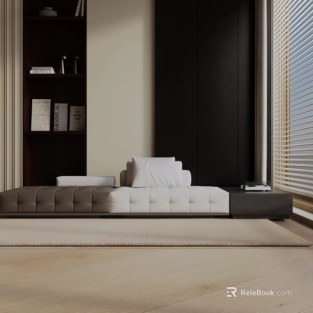 Modern Three Seater Sofa With Gray And White Upholstery On Wooden Floor And Window Blinds 3d model 