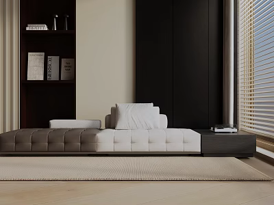 Modern Three Seater Sofa With Gray And White Upholstery On Wooden Floor And Window Blinds 3d model
