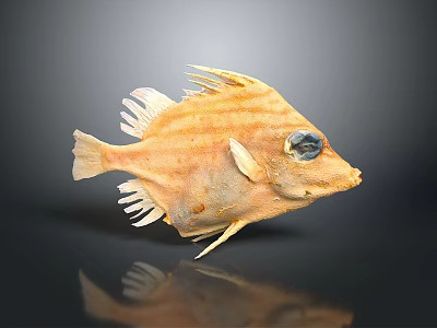 Light Brown Striped Fish With Blue Eyes White Edged Fins Tail On Dark Background Reflection 3d model